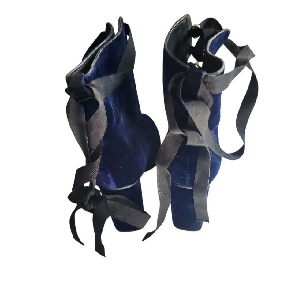 Zara‎ Blue Velvet Ankle Boots Ribbon Tie Block Heel Zip Womens 37 6.5